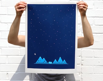 Night Mountains Screen Printed Poster | Silk Screen | Illustrated Hand Printed Forest Art Print | Outdoors Screen Print