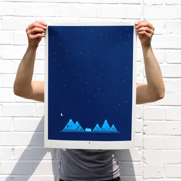 Night Mountains Screen Printed Poster | Silk Screen | Illustrated Hand Printed Forest Art Print | Outdoors Screen Print