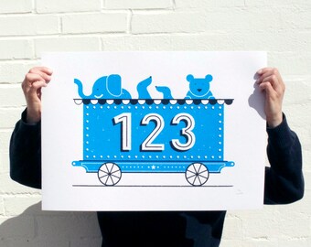 123 Train Screenprint | Screen Printed number Silk Screen Poster | Illustrated Hand Printed Kids room counting Art Print | Screen poster