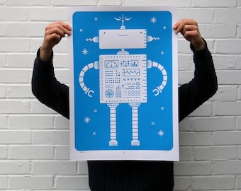 Robotics | Screen Printed Robot Silk Screen Poster | Illustrated Hand Printed Kids room Art Print | Screen Print Poster