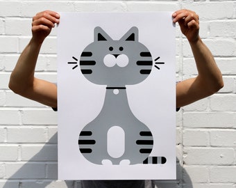 Cat | Screen Printed Cat Silk Screen Poster | Illustrated Hand Printed Kids room Art Print | Kitten Poster