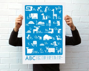 ABC Blue | Screen Printed alphabet Silk Screen Poster | Illustrated Hand Printed Kids room ABC Art Print | Screen Print Poster