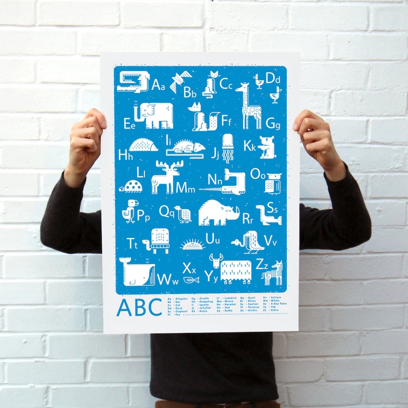 ABC Blue Screen Printed alphabet Silk Screen Poster Illustrated Hand Printed Kids room ABC Art Print Screen Print Poster image 1