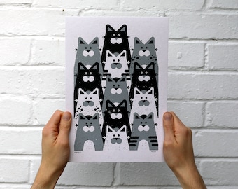 13 Lives - Group of Cats Print | Screen Printed Cat Silk Screen Poster | Illustrated Hand Printed Kids room Art Print | Screen Print Poster