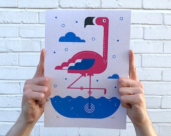 Flamingo Screen Print | Screen Printed bird Silk Screen Poster | Illustrated Hand Printed Kids room Art Print | Screen Print Poster