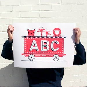 ABC Train Screenprint Screen Printed alphabet Silk Screen Poster Illustrated Hand Printed Kids room ABC Art Print Screen Print poster image 1