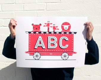 ABC Train Sitodruk | Sitodruk alfabetu Plakat sitodrukowy | Ilustrowany druk ręczny Pokój dziecięcy ABC Art Print | Plakat sitodrukowy