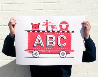 ABC Train Screenprint | Screen Printed alphabet Silk Screen Poster | Illustrated Hand Printed Kids room ABC Art Print | Screen Print poster