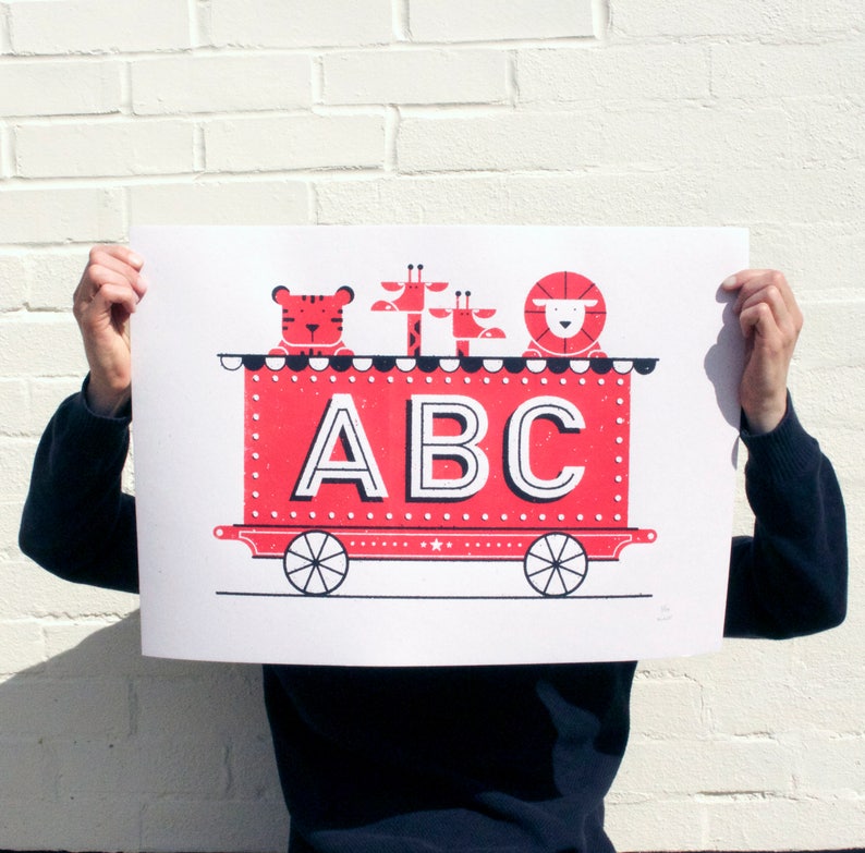 ABC Train Screenprint Screen Printed alphabet Silk Screen Poster Illustrated Hand Printed Kids room ABC Art Print Screen Print poster image 1