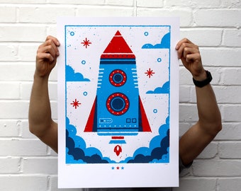 Rocket Screen Printed Poster | Silk Screen | Illustrated Hand Printed Space Art Print | Spaceship Screen Print