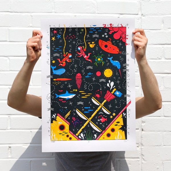 Screen Printed Poster | The Deep Silk Screen | Illustrated Hand Printed Ocean Art Print | Screen Print Poster