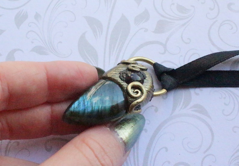 Pendant Necklace Labradorite and Garnet with Brass Ring