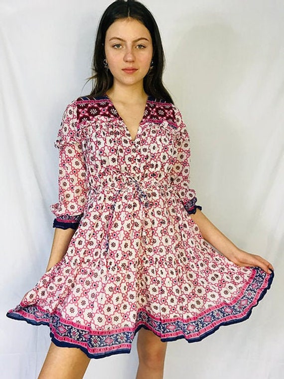 Pink and White, Romantic Frilly Cowgirl Mini Dress, Cotton Sari Fabric, Patterned Summer Dress, Feminine, Girly, Sustainable, Versatile