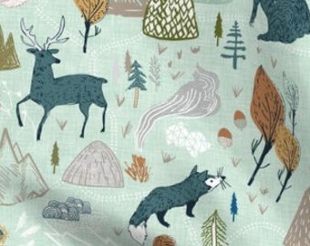 One (1) Curtain Panel Organic Cotton "Backwoods Trail Mint" 54" Wide - Home Decor Nature Theme. Fox, Bear, Deer, Trees, Robin Egg, Mountain