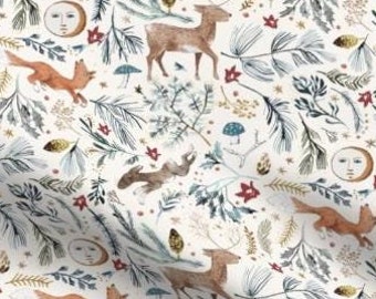 One Velvet Holiday Tree Skirt &quot;Silent Night Cream&quot; Christmas Home Decor. Festive Floral Fabric. Boho Woodland Animals and Plants. Reindeer