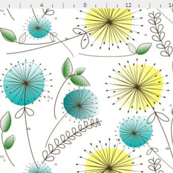 Organic Cotton "Mid-Century Dandelion Clocks" One Curtain Panel - Artist made flowers.  Leaves, Floral. white green grey yellow aqua vintage