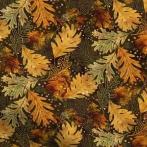 Peut inclure: Un motif sans couture représentant un dessin répétitif de feuilles de chêne stylisées dans des tons dorés, bruns et verts sur un fond brun foncé.