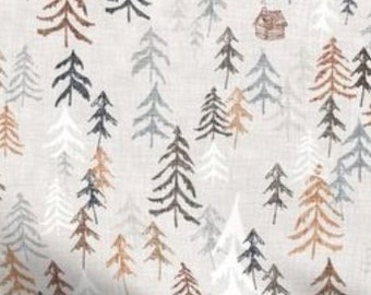 One (1) Curtain Panel Solitude Ochre 54" wide - Blackout lining optional - Wildlife, cabin, nature, outdoor, mountain, earth, hills, trees