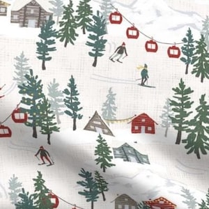 Peut inclure: Un tissu blanc avec un motif répété de scènes d'hiver rouges et vertes. Le motif comprend des skieurs, des remontées mécaniques, des cabanes et des pins.