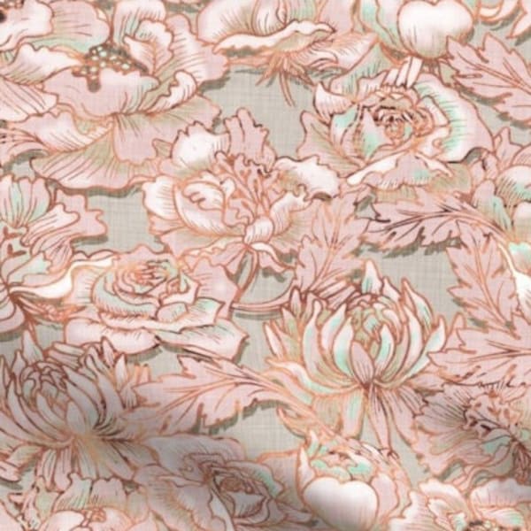 One (1) Curtain Panel "Bloom Rose" - 54" Wide - Blackout lining available - Large Pink Floral Print - Pink, Mint, Taupe. Cotton Sateen