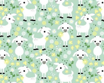 Organic Cotton "Baby Goats on Green" One Curtain Panel - Goats, daisies, buttercups, flowers, floral, farm, sheep, lamb, white, mint, drapes