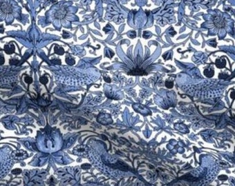 One Curtain Panel or Valance "William Morris ~ Strawberry Thief ~ Blue and White" - Handmade cotton curtains. Birds and flowers