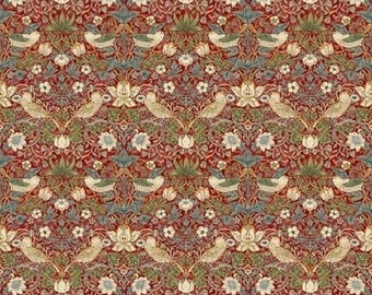One Curtain Panel or Valance "Red Mini Strawberry Thief" Handmade window treatments using fabric designed by William Morris and Co.
