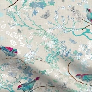 One (1) Curtain Panel Cotton &quot;Birds + Bees Aqua&quot; 54&quot; Wide. Teal Sateen Cotton Fabric with White Flowers, Colorful Birds, Twigs.