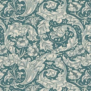 May include: A teal blue fabric with a white floral pattern. The pattern features intricate leaves and flowers, creating a classic and elegant design.