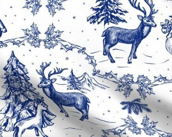 May include: A white fabric with a blue and white winter scene pattern. The pattern includes deer, snowmen, pine trees, and holly.
