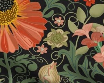 Table Linens "Le Jardin Art Nouveau black" Cotton Fabric Tablecloth, Runner, Placemat, Napkin - Large Orange and Green Floral on Black