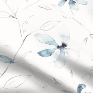One Curtain Panel or Valance Organic Cotton &quot;Clematis blue and white watercolor floral&quot; - 52 inch Wide. Handmade in Ohio
