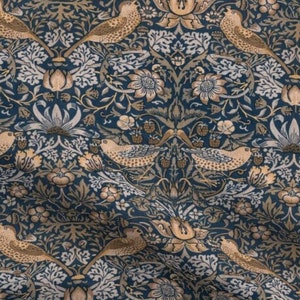 One (1) Curtain Panel - &quot;Strawberry Thief William Morris Vintage Beige Blue&quot; - 50&quot; Wide Blackout lining available. Linen Cotton Canvas