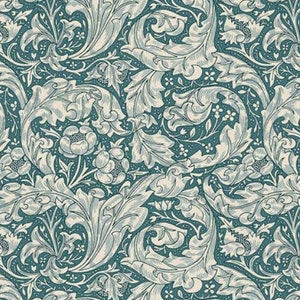 May include: Teal fabric with a white floral pattern. The pattern features intricate leaves and flowers. The fabric is 12 inches wide.