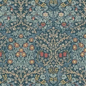 May include: A teal blue fabric with a repeating floral pattern. The pattern features red, orange, yellow, and white flowers, leaves, and vines.