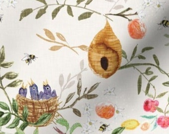 One (1) Curtain Panel - "The Orchard Cream" Drapery - Blackout lining available - Birds, nest, egg, twigs, bees, branches, flowers, fruit