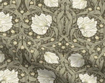 May include: A repeating pattern of stylized white flowers and leaves on a gray background. The design is reminiscent of Art Nouveau style.