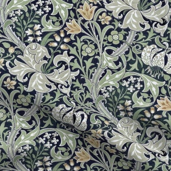 One (1) Curtain Panel - "William Morris - Golden Lily Garden Sage" - 50 inch Wide, Blackout lining available. Linen Cotton Canvas
