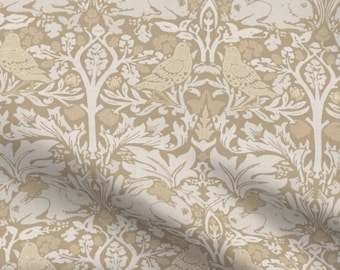 One (1) Curtain Panel or Valance - "William Morris Bunnies, Beiges and Tans" - 50" Wide - Handmade to Order Linen Cotton Canvas Curtains