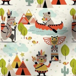 May include: A white background with a repeating pattern of bears, owls, teepees, and cacti. The bears are wearing headdresses and holding bows and arrows. The owls are wearing headdresses and holding feathers. The teepees are red, orange, and yellow. The cacti are green.