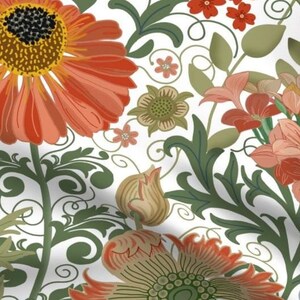 May include: A white background with a repeating pattern of orange, red, and green floral designs. The flowers are stylized and have a vintage look.