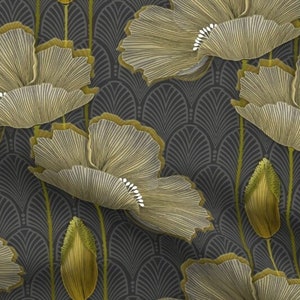 One Roman Shade &quot;Art Deco fleurs d’or&quot;. Custom Made to Order Window Treatments for Home or Business. Large Flowers, Gold and Gray