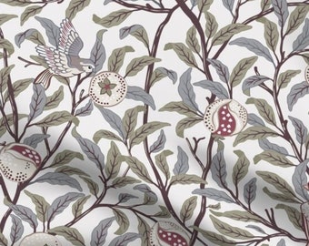 One (1) Curtain Panel - "William Morris - Bird and Pomegranate Silver Sage" - 50 inch Wide, Blackout lining available. Linen Cotton Canvas