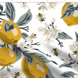 One Curtain Panel or Valance - &quot;Bees and Lemons White&quot; - Handmade Drapery - Blackout lining available - Yellow, Blooms, Flowers, Insects