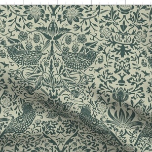One (1) Curtain Panel Or Valance - &quot;Strawberry Thief Forest Fern&quot; - 50&quot; Wide Handmade to Order Linen Cotton Canvas Curtains. Green