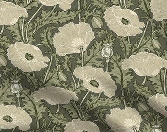 One (1) Curtain Panel - "Vintage Poppy in cream sage olive green" - 50" Wide Blackout lining available. Linen Cotton Canvas Curtains