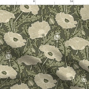 May include: A seamless pattern featuring a repeating design of white poppy flowers with green leaves on a dark green background.