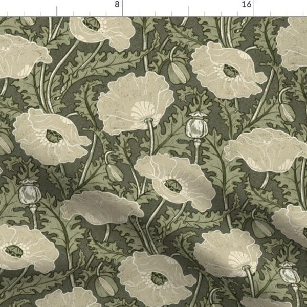 One (1) Curtain Panel - "Vintage Poppy in cream sage olive green" - 50" Wide Blackout lining available. Linen Cotton Canvas Curtains