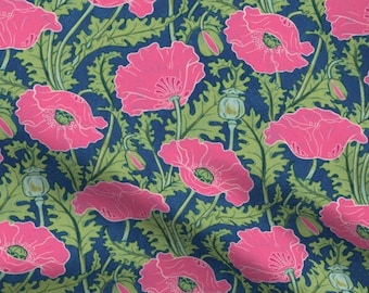 One (1) Curtain Panel or Valance- "Vintage Poppy in denim navy blue hot pink, green" - 50" Wide Handmade Linen Cotton Canvas Curtains