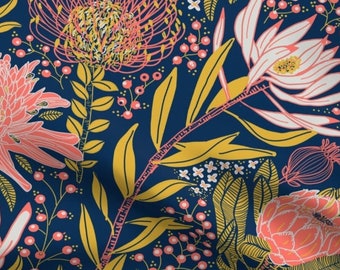 Table Linens "Protea Garden" Cotton Fabric Tablecloth, Runner, Placemat, Napkin - Large Orange and Green Floral on Black